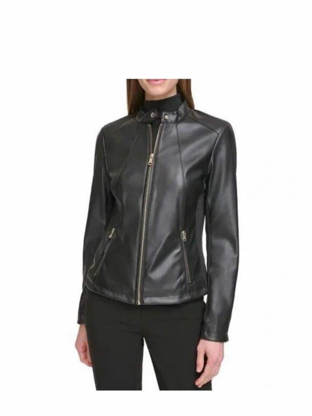 Calvin Klein Women Black Moto Faux Leather Full Zip Jacket Coat XL NWT